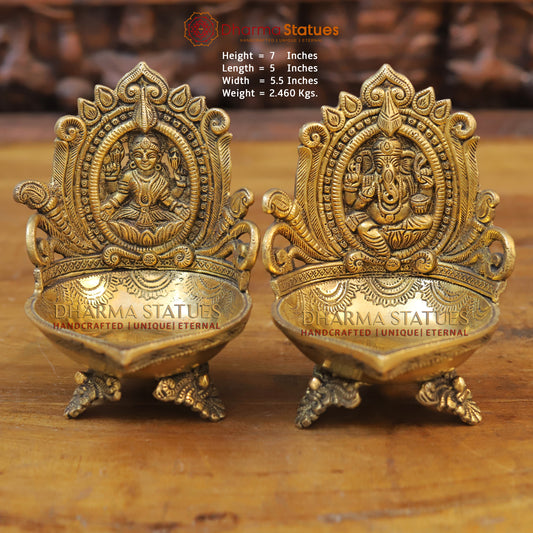 Brass Lakshmi and Ganesh Diya, Fine Golden Finish 7"