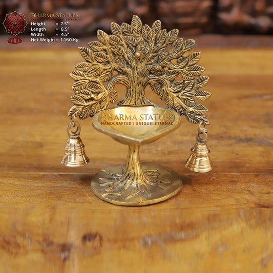 Brass Tree Diya, With Bells, Fine Golden Finish 7.5"