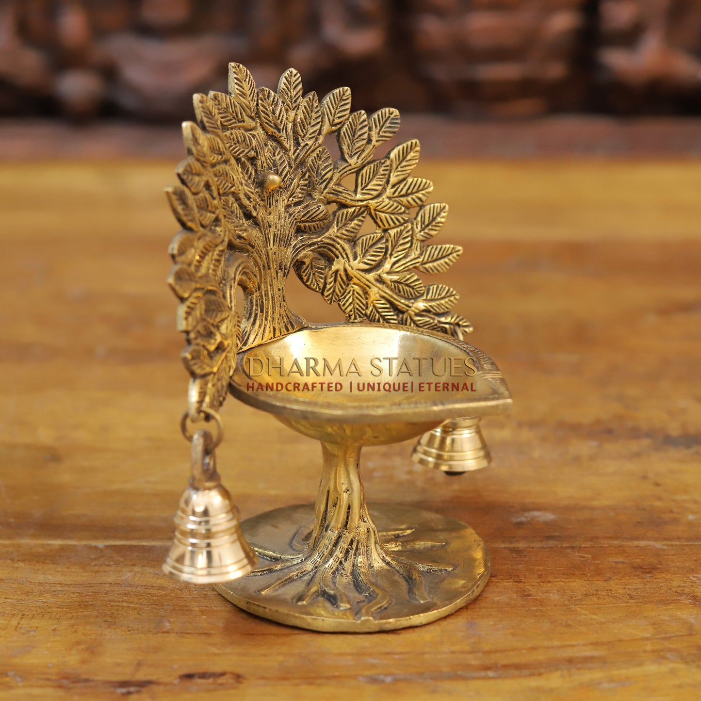 Brass Tree Diya, With Bells, Fine Golden Finish 7.5"