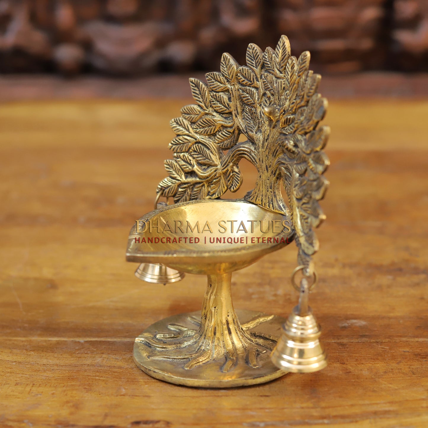 Brass Tree Diya, With Bells, Fine Golden Finish 7.5"