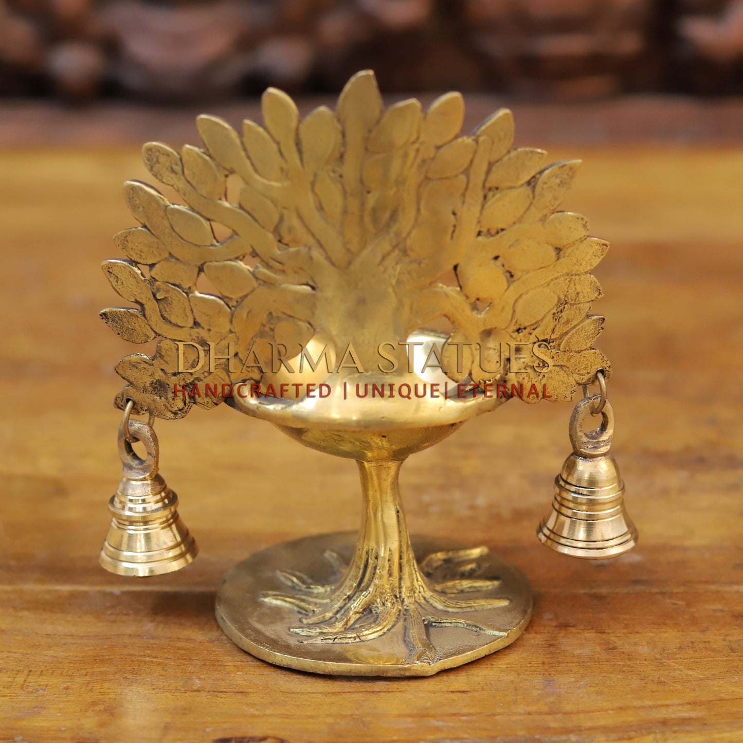 Brass Tree Diya, With Bells, Fine Golden Finish 7.5"