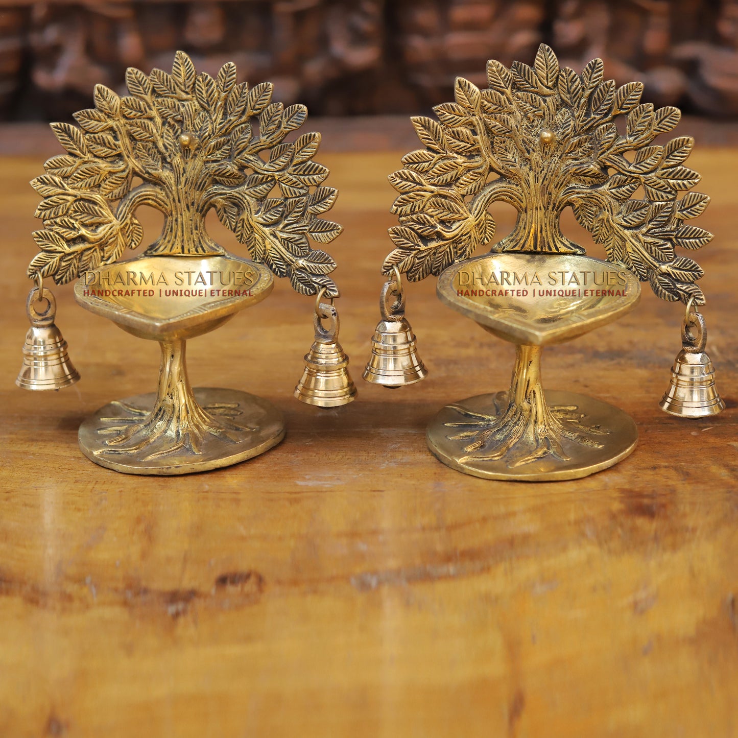 Brass Tree Diya, With Bells, Fine Golden Finish 7.5"