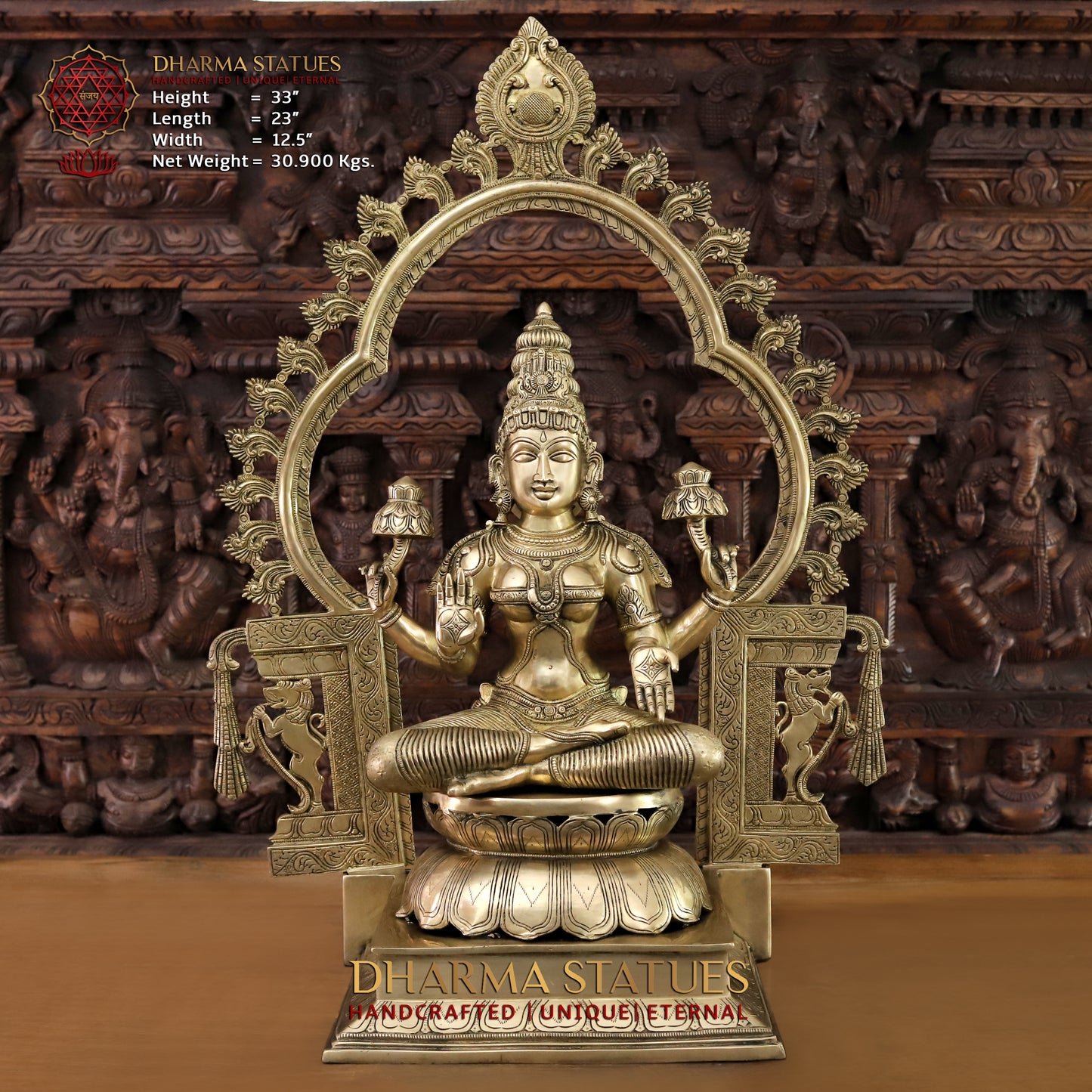 Brass Lakshmi seated with Frame, Golden Finish, 33"