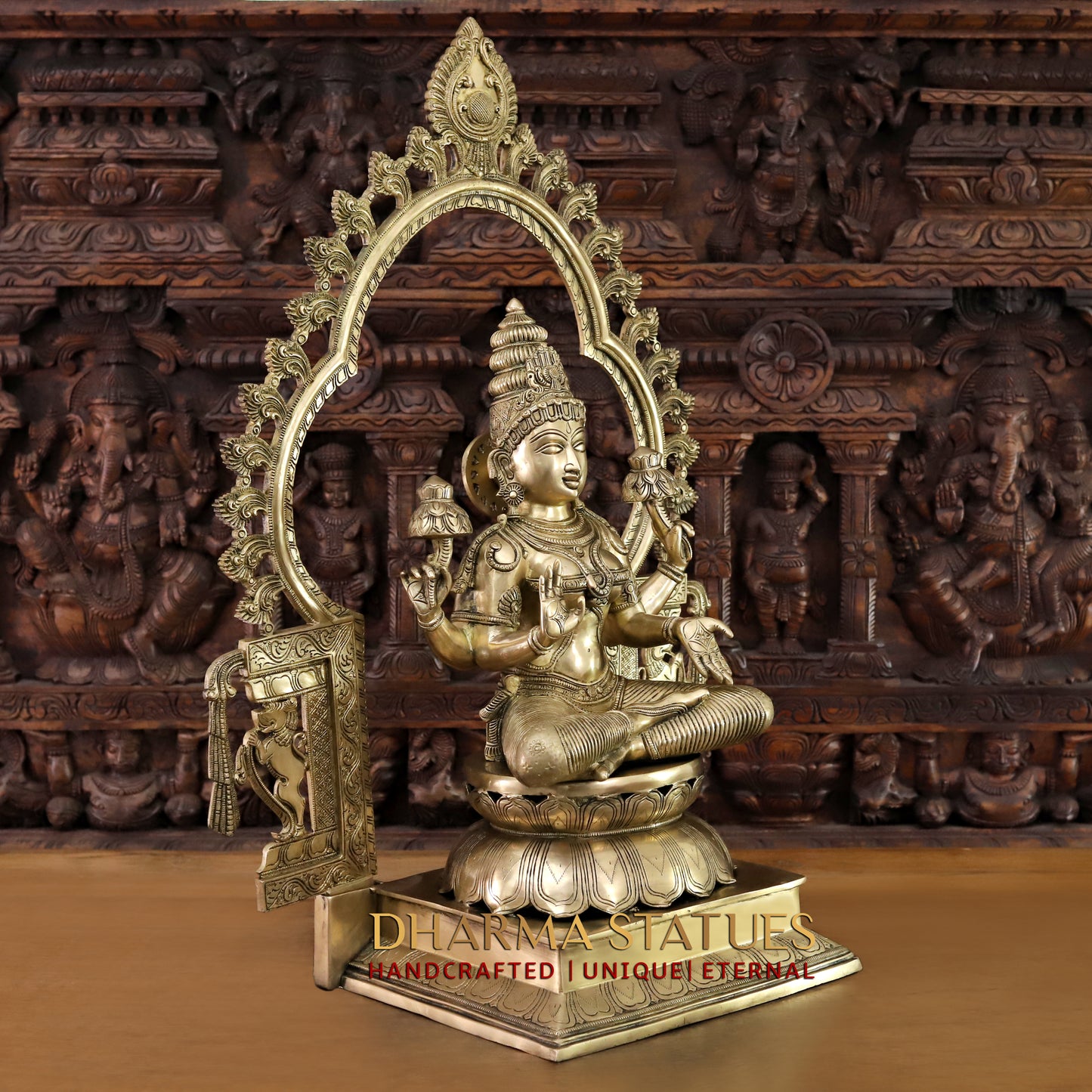 Brass Lakshmi seated with Frame, Golden Finish, 33"