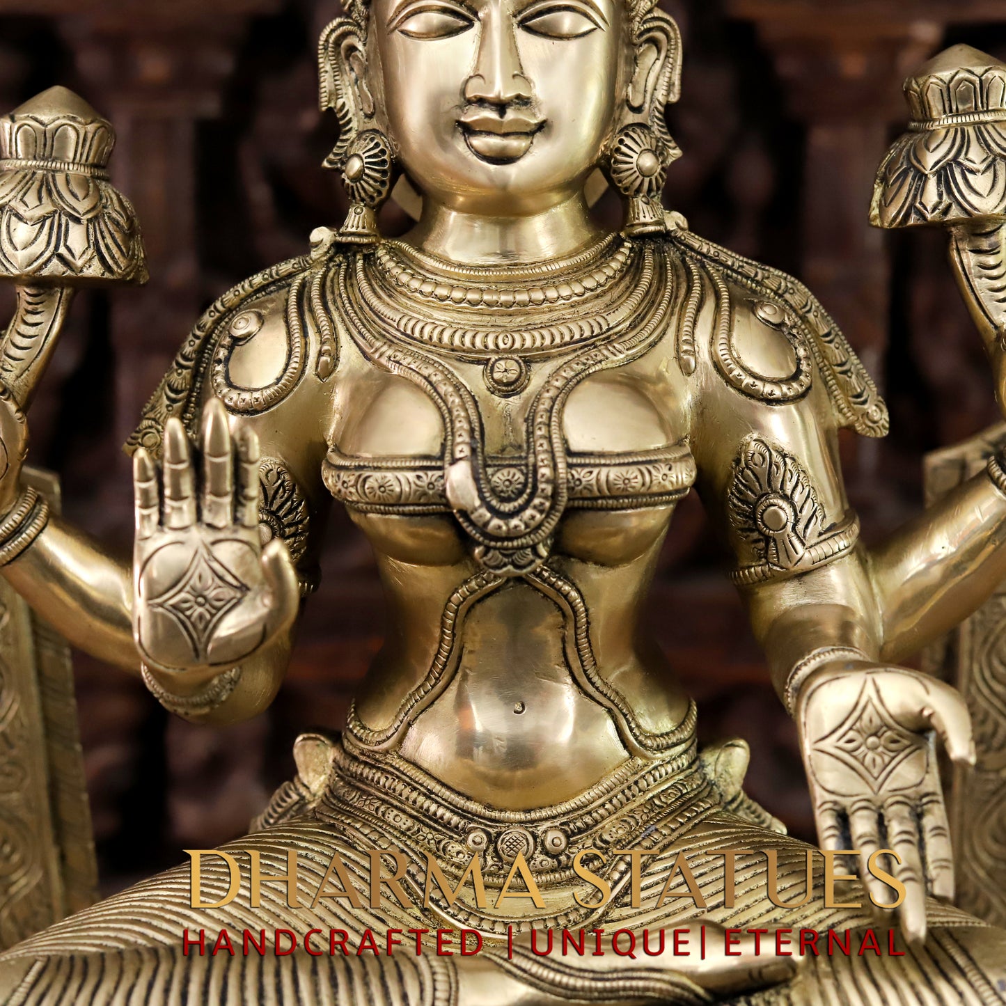 Brass Lakshmi seated with Frame, Golden Finish, 33"
