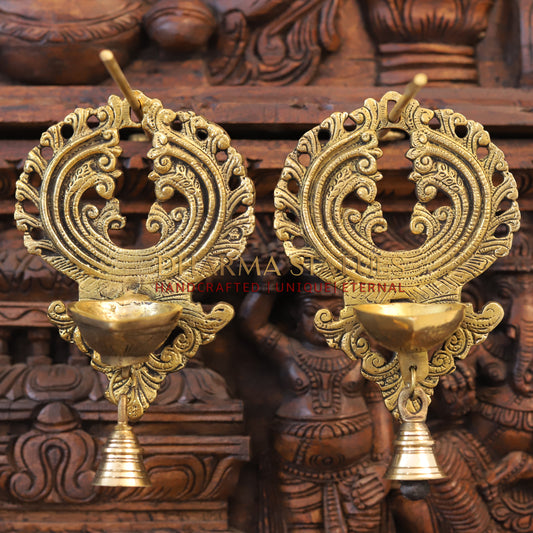 Brass Designer Wall Hanging Diya, Fine Golden Finish 8"