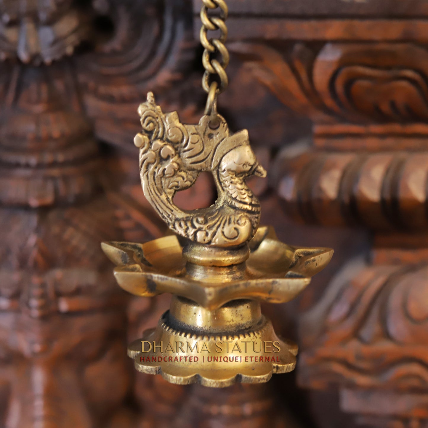 Brass Peacock Hanging Diya, Fine Golden Finish 16"