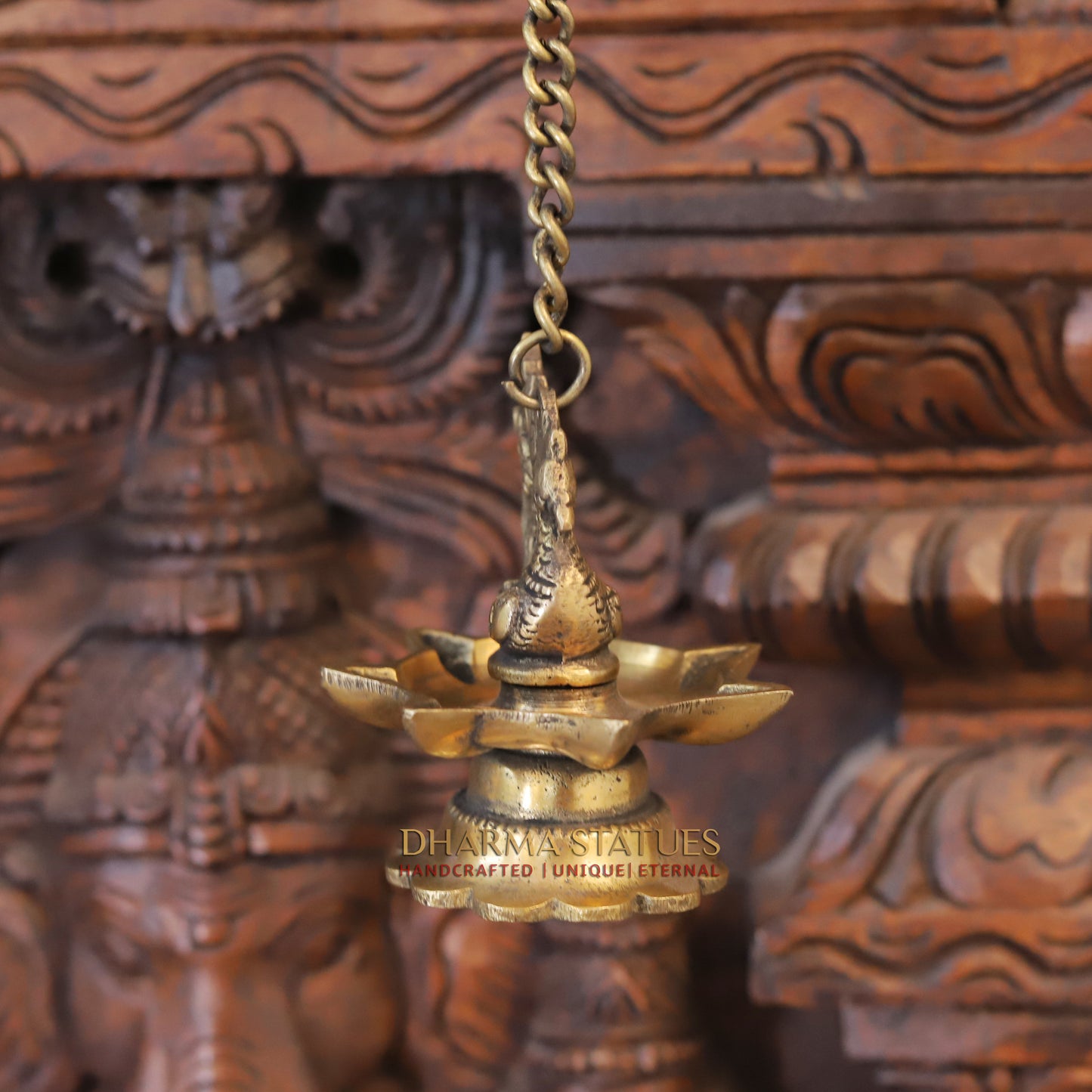 Brass Peacock Hanging Diya, Fine Golden Finish 16"