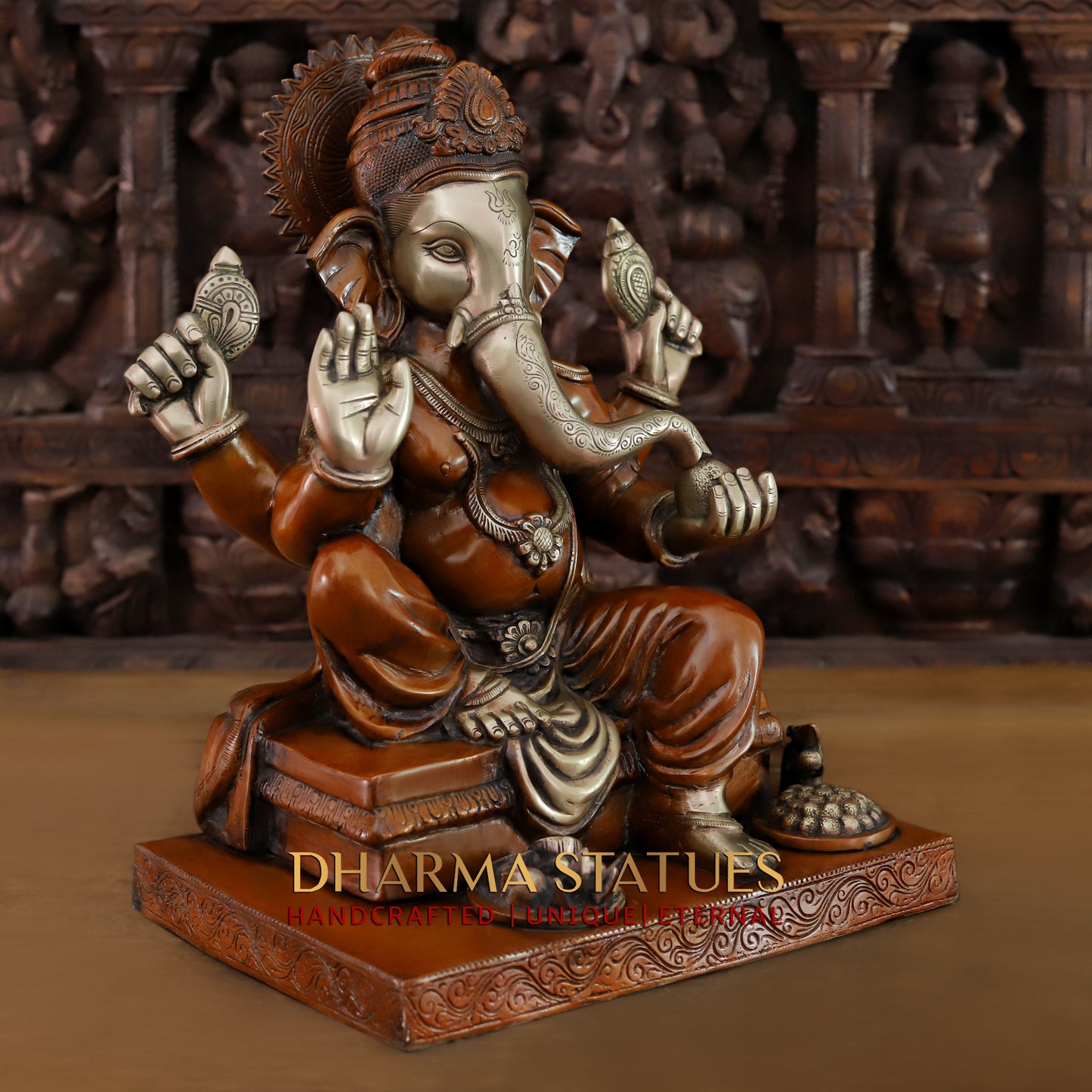 Brass Ganesh seated in Blessing Posture, Copper & Golden Finish, 16"