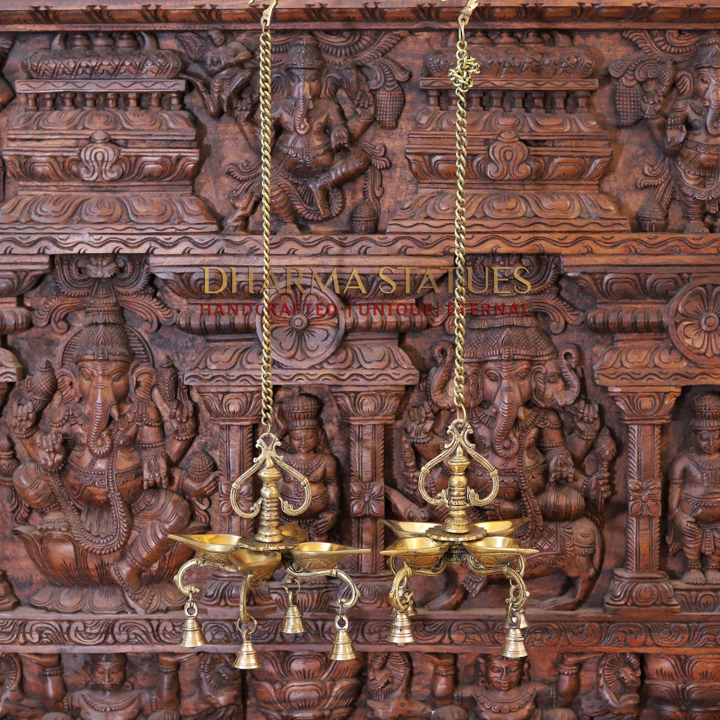 Brass Hanging Diya, with Bells, Fine Golden Finish 29"