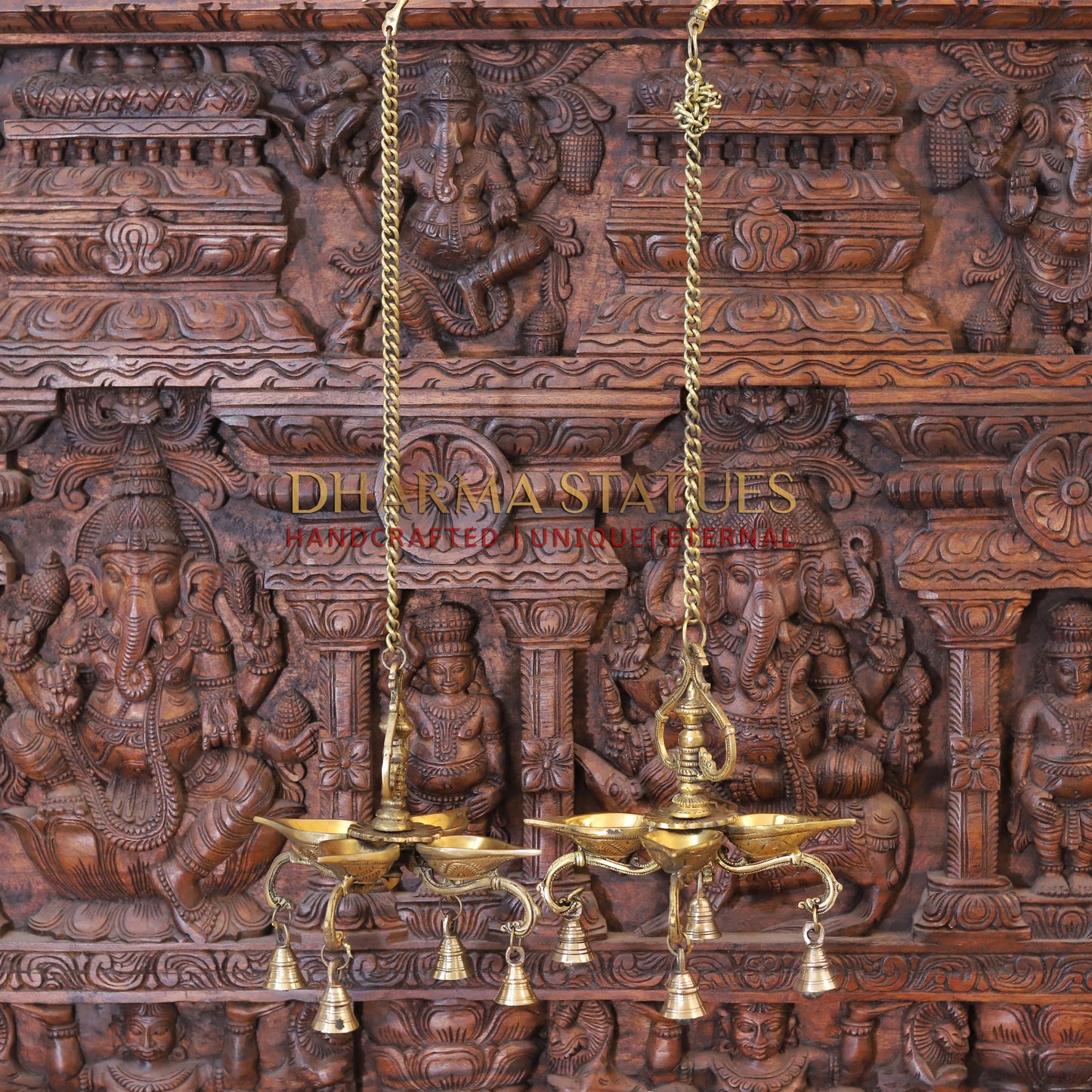 Brass Hanging Diya, with Bells, Fine Golden Finish 29"