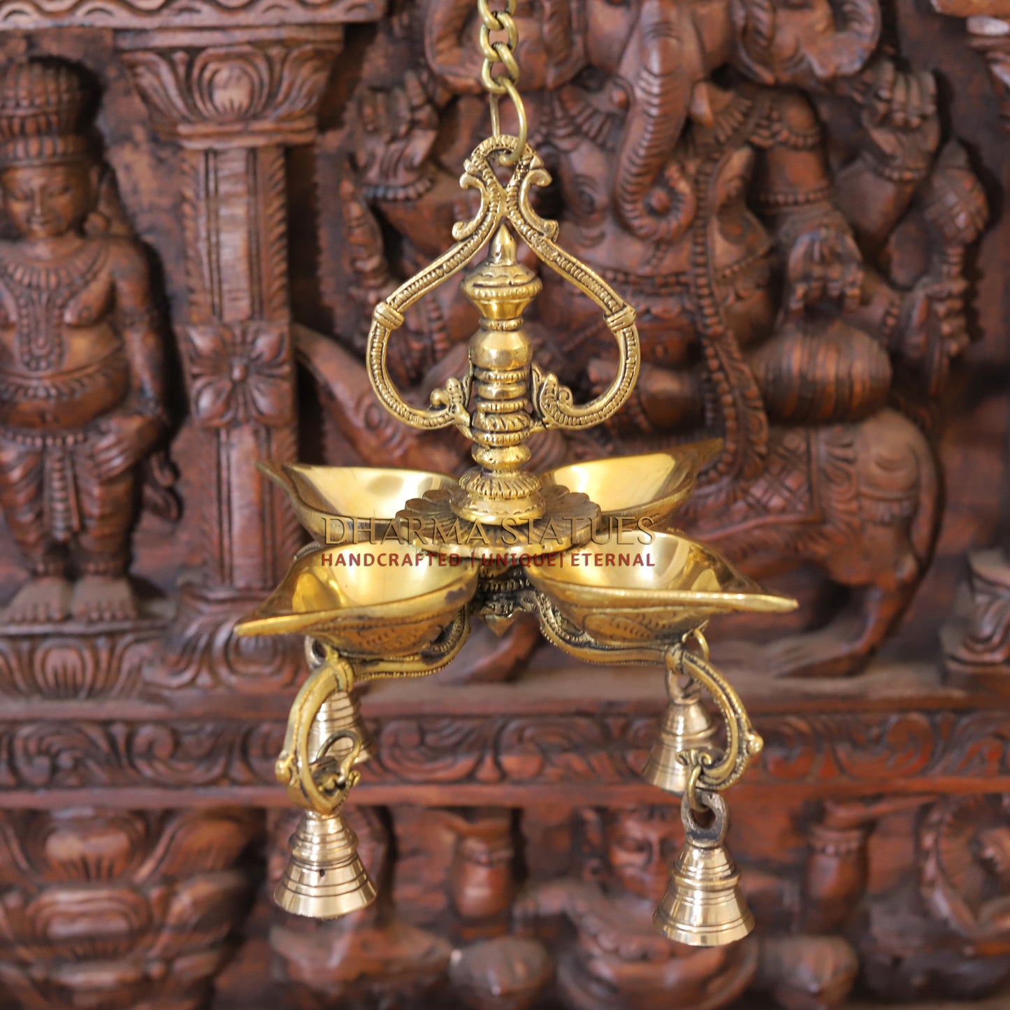 Brass Hanging Diya, with Bells, Fine Golden Finish 29"