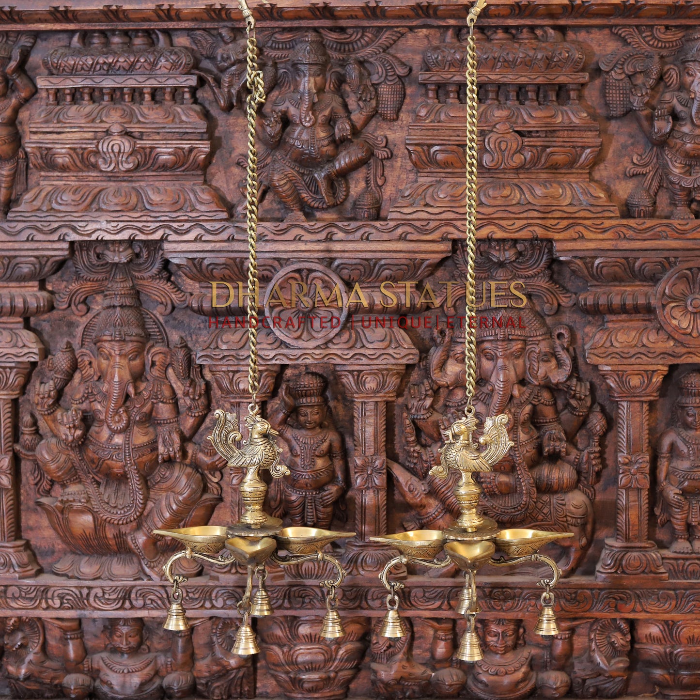 Brass Peacock Diya, with Bells, Fine Golden Finish 29"