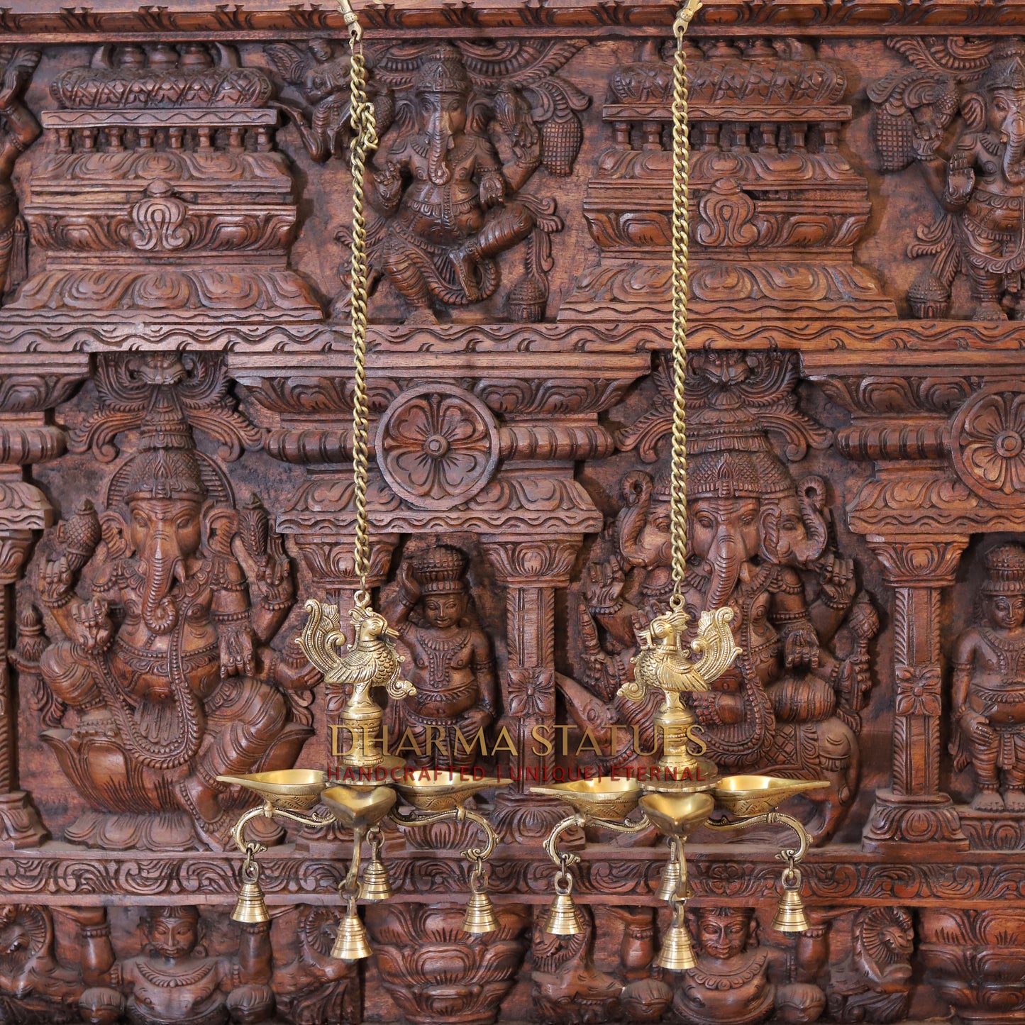 Brass Peacock Diya, with Bells, Fine Golden Finish 29"