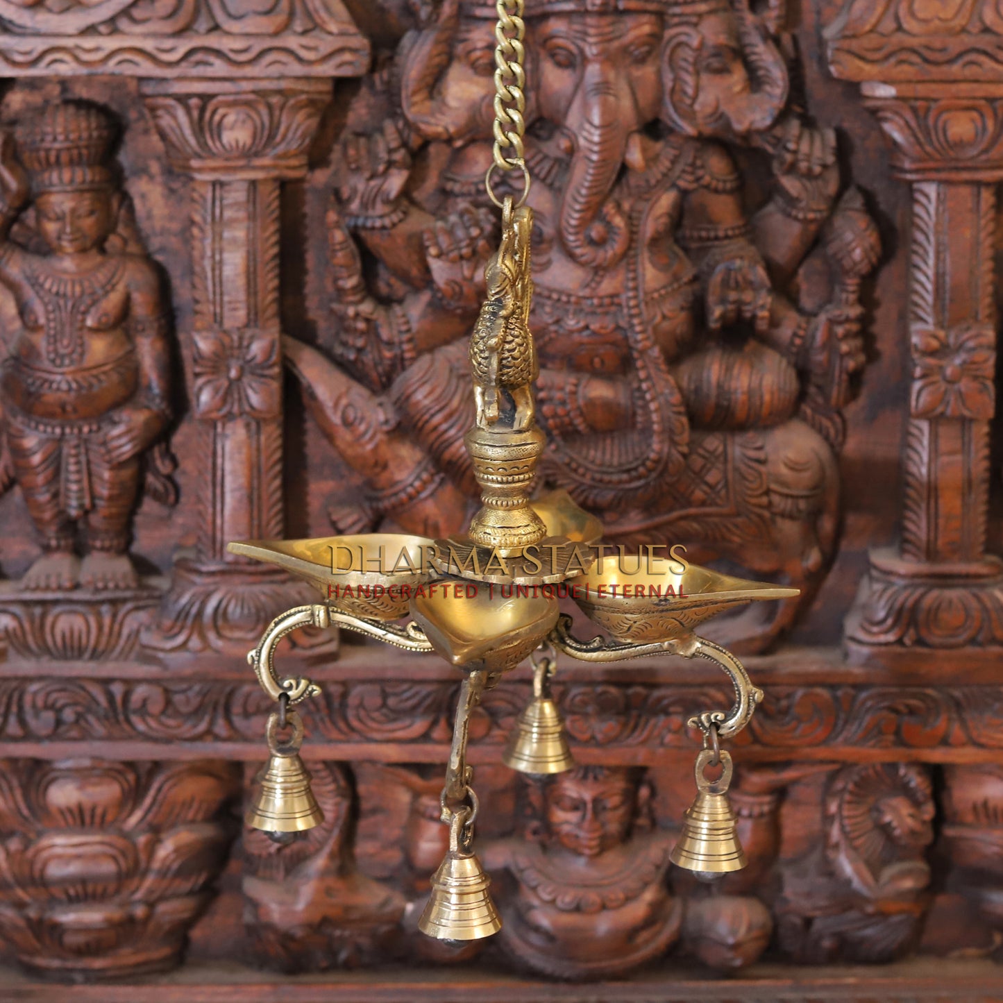 Brass Peacock Diya, with Bells, Fine Golden Finish 29"