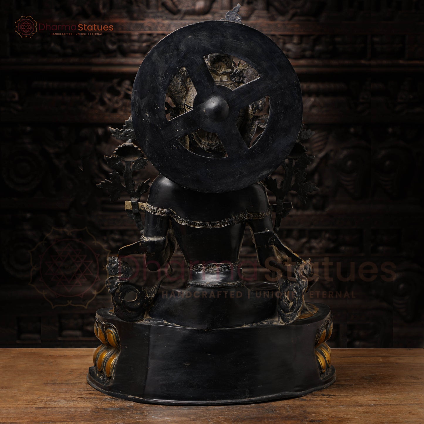 Brass Tara Statue, Sitting on a Throne, Black Patina & Golden Finish 32"