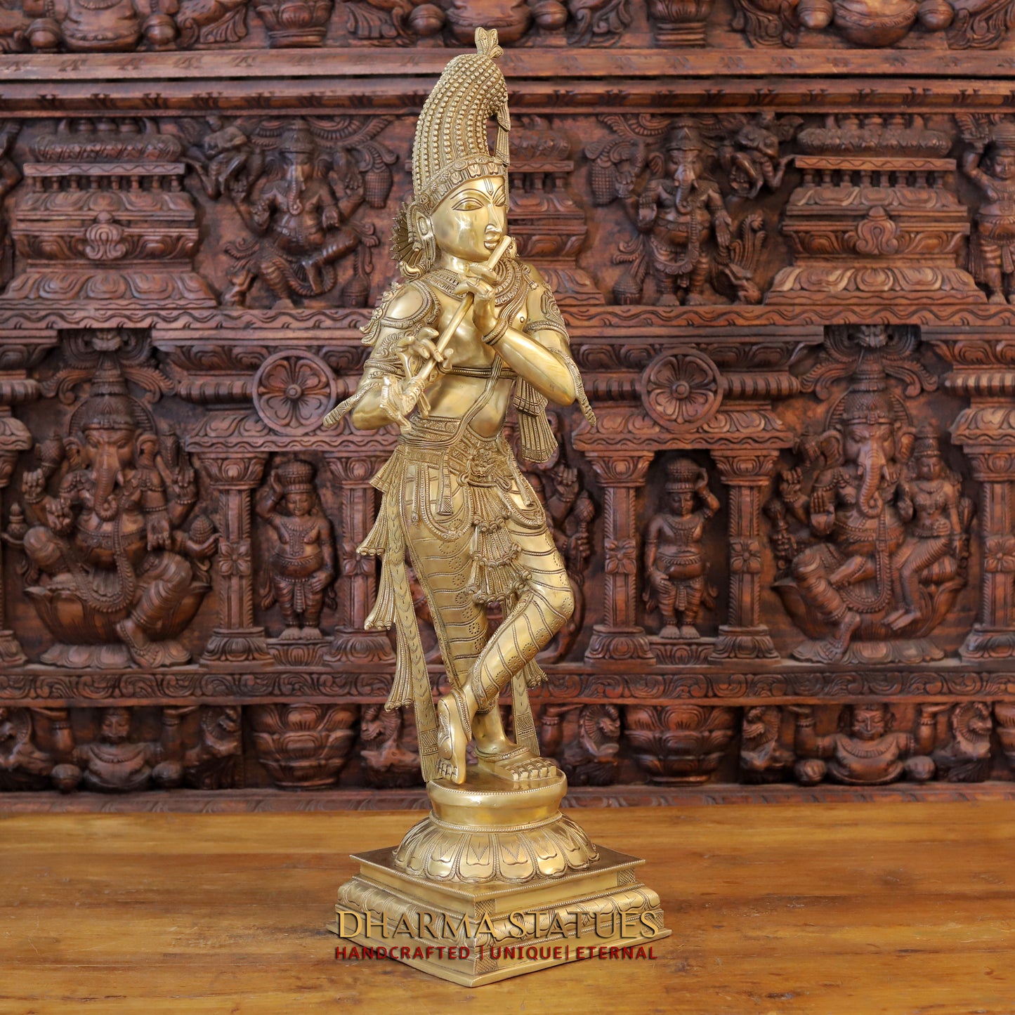 Brass Krishna Playing Flute on Pedestal, Fine Golden Finish, 35.5"