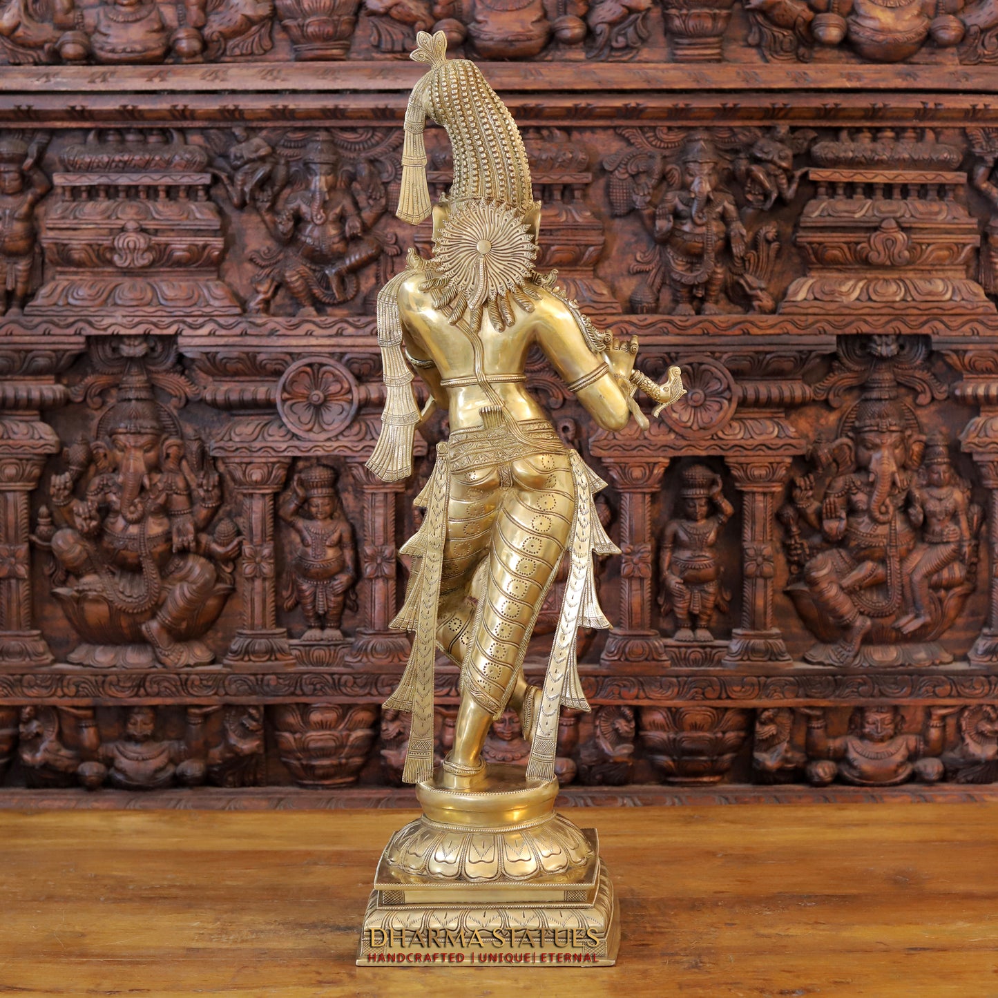 Brass Krishna Playing Flute on Pedestal, Fine Golden Finish, 35.5"
