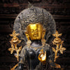 Brass Tara Statue, Sitting on a Throne, Black Patina & Golden Finish 32"