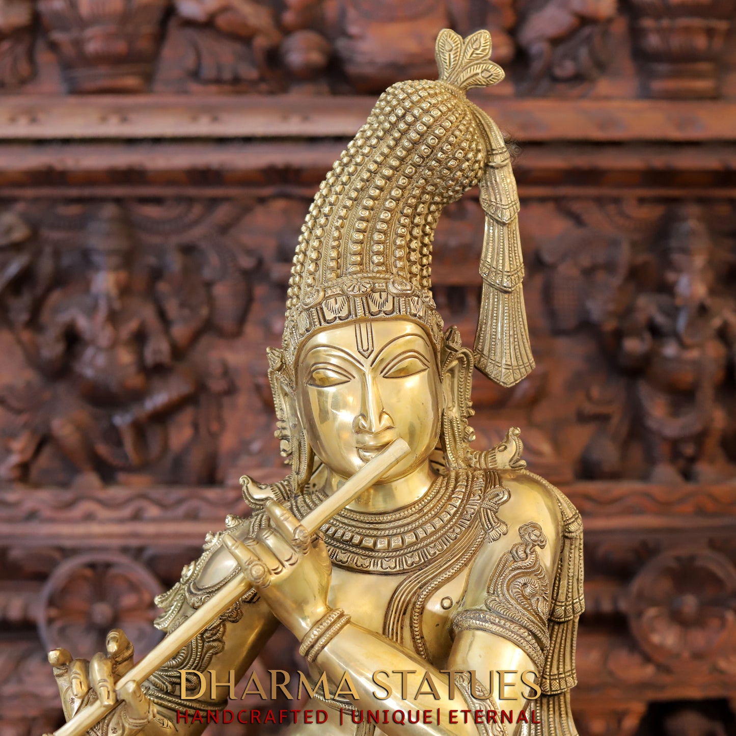 Brass Krishna Playing Flute on Pedestal, Fine Golden Finish, 35.5"