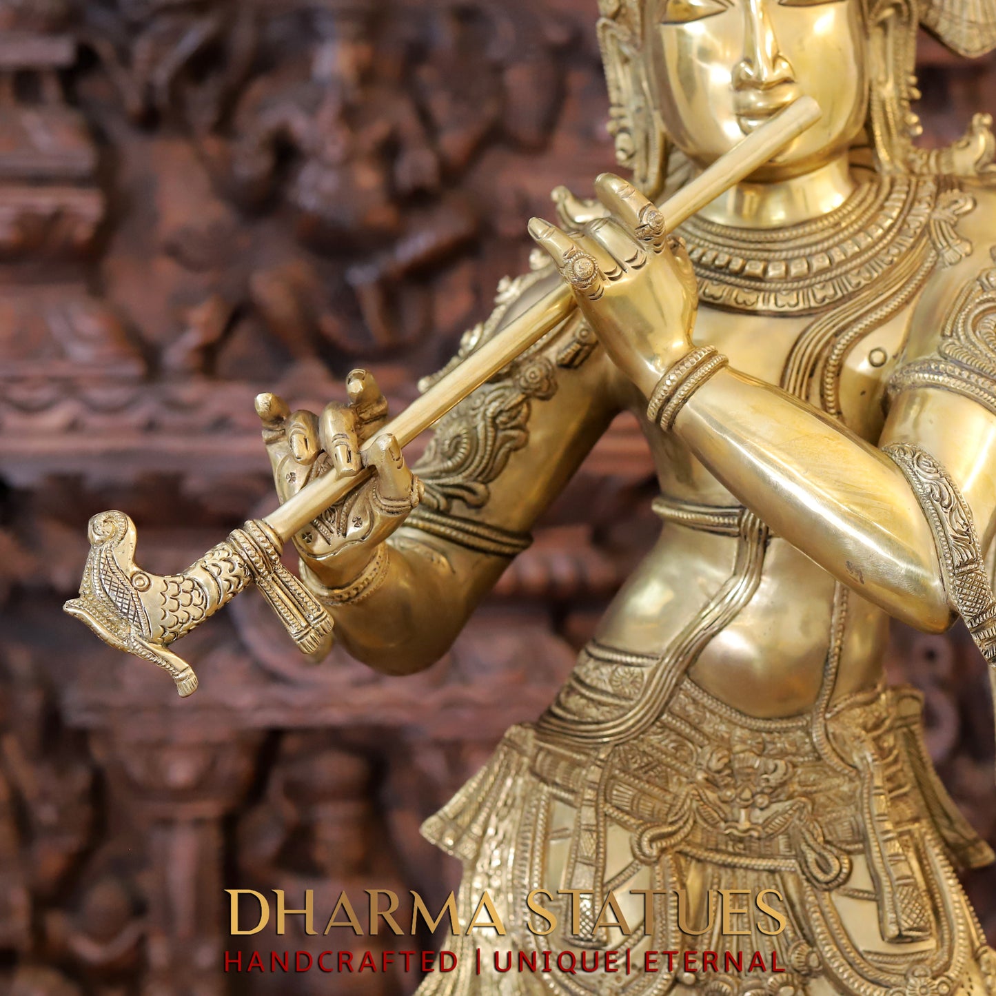Brass Krishna Playing Flute on Pedestal, Fine Golden Finish, 35.5"