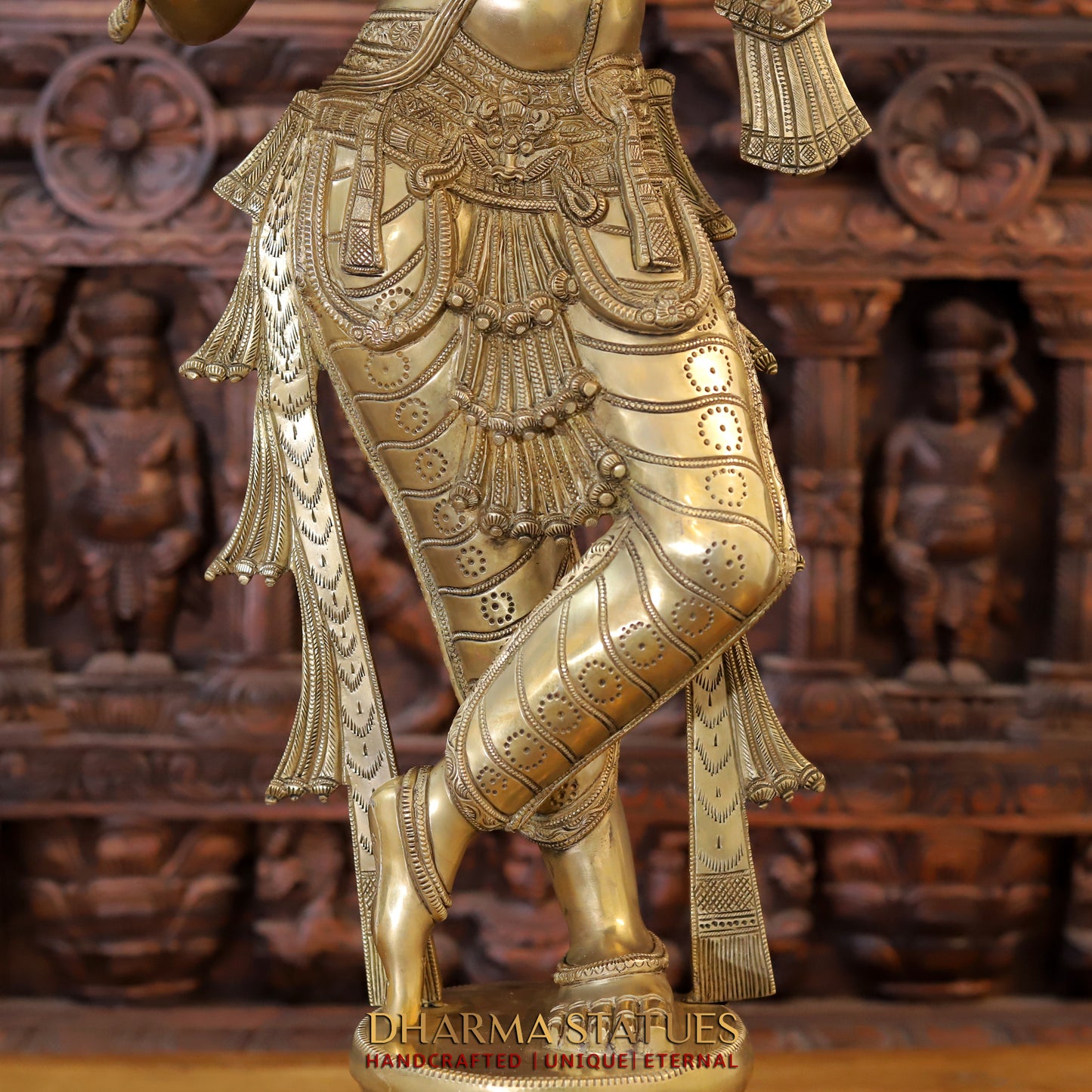 Brass Krishna Playing Flute on Pedestal, Fine Golden Finish, 35.5"