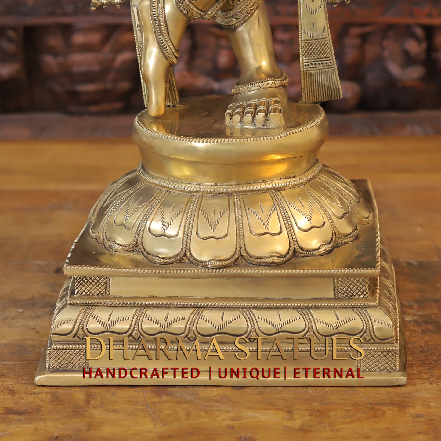 Brass Krishna Playing Flute on Pedestal, Fine Golden Finish, 35.5"