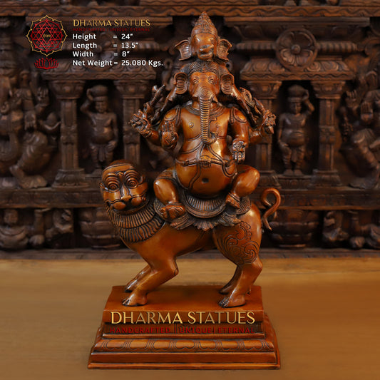 Brass Pushkala Panchmukhi Vinayaka (5 Face Ganesh) Seated on a Lion, Cherry & Copper Blended Finish, 24"