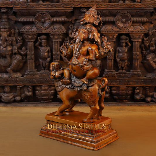 Brass Pushkala Panchmukhi Vinayaka (5 Face Ganesh) Seated on a Lion, Cherry & Copper Blended Finish, 24"