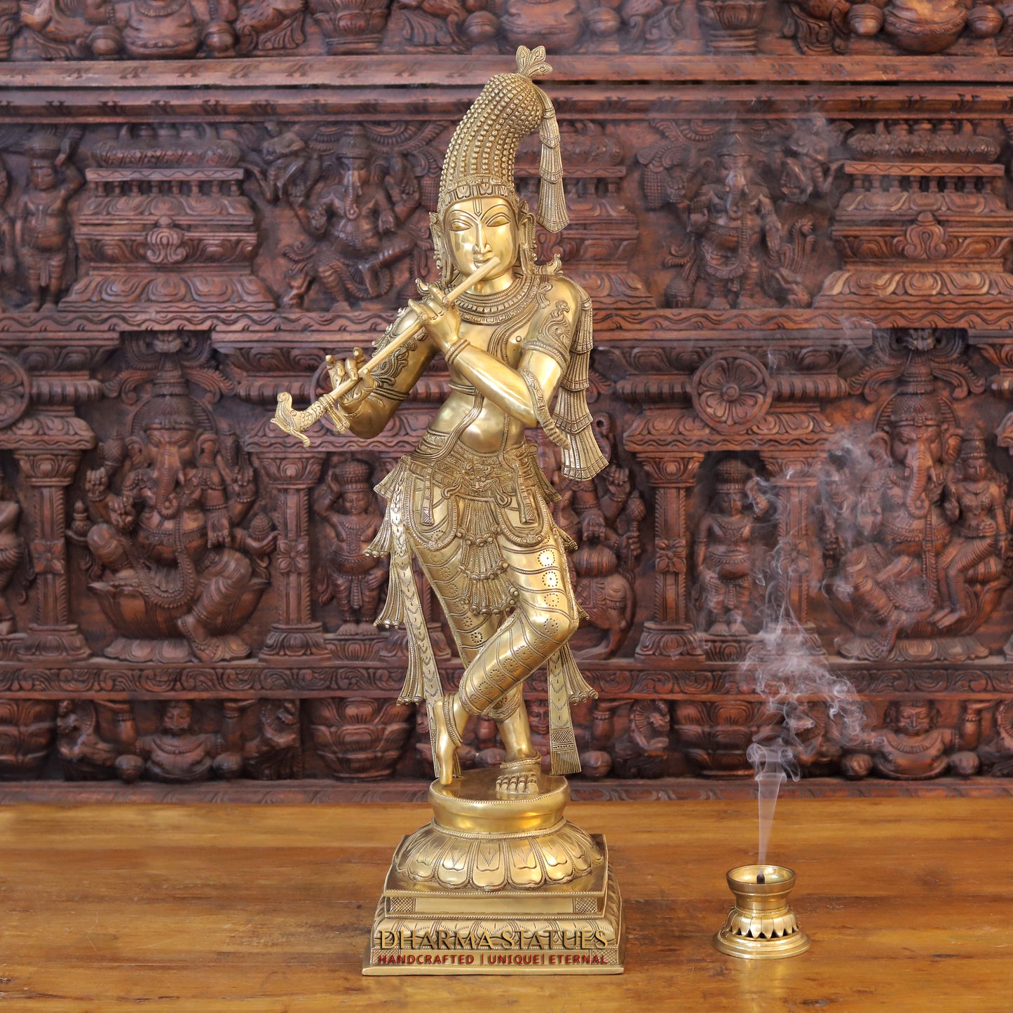 Brass Krishna Playing Flute on Pedestal, Fine Golden Finish, 35.5"
