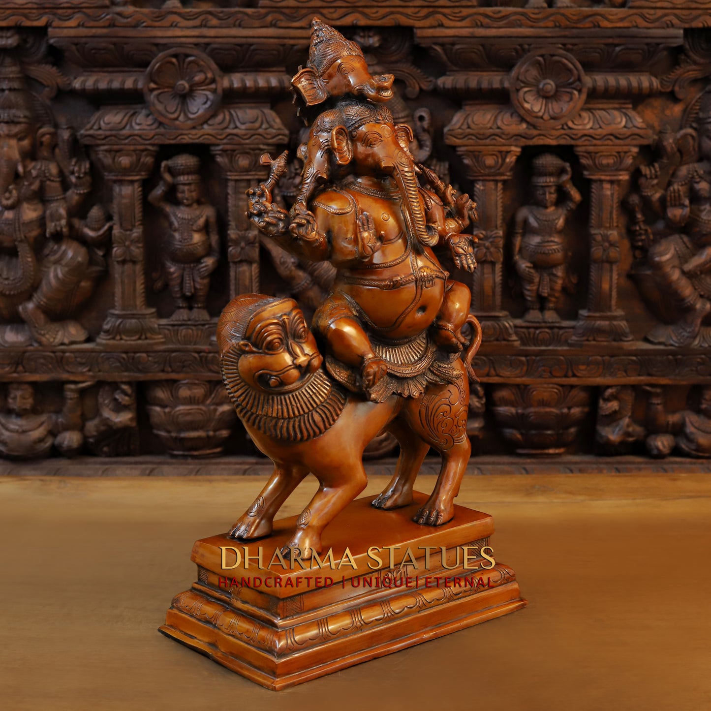 Brass Pushkala Panchmukhi Vinayaka (5 Face Ganesh) Seated on a Lion, Cherry & Copper Blended Finish, 24"