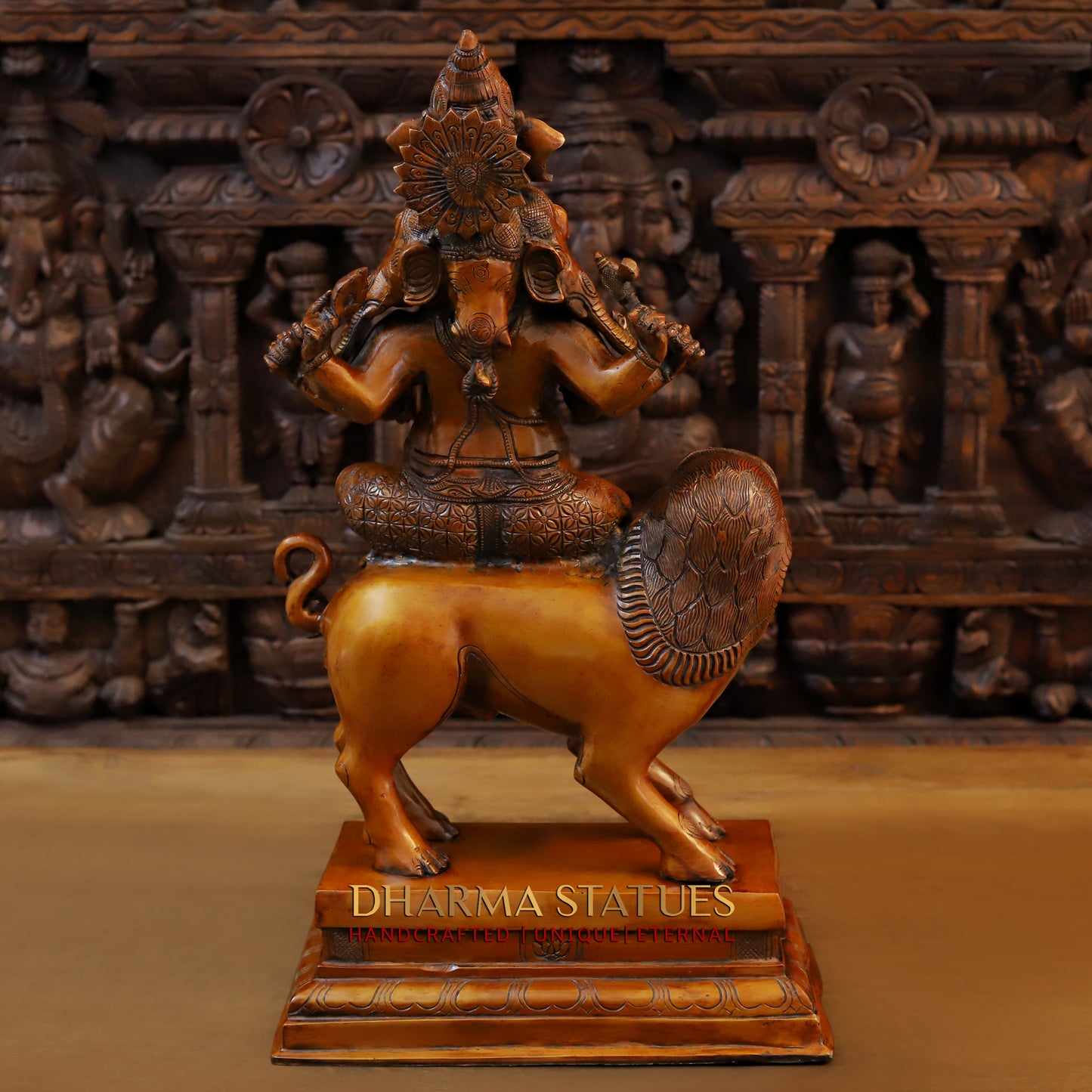 Brass Pushkala Panchmukhi Vinayaka (5 Face Ganesh) Seated on a Lion, Cherry & Copper Blended Finish, 24"