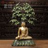 Brass Buddha seated in Bhumisparsha mudra Under a Bodhisattva Tree, Golden & Green Finish, 30"