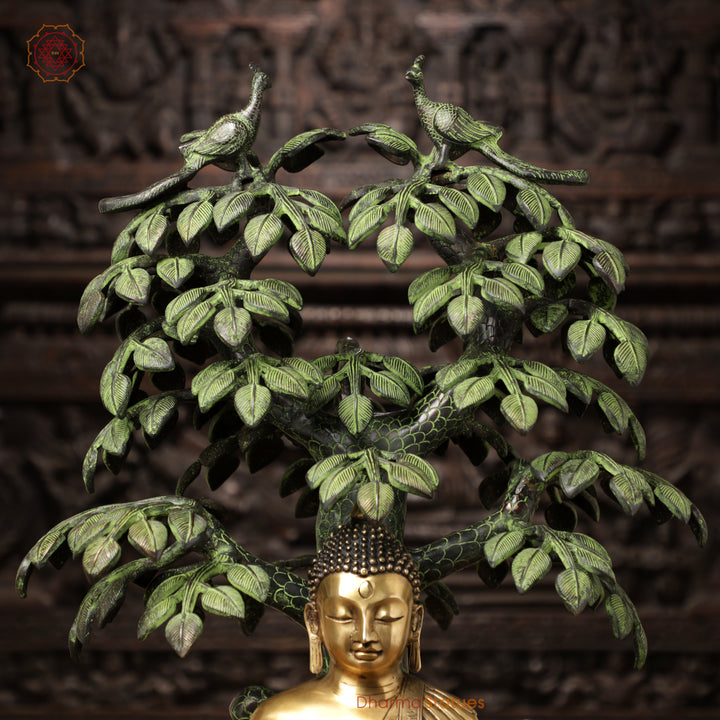 Brass Buddha seated in Bhumisparsha mudra Under a Bodhisattva Tree, Golden & Green Finish, 30"