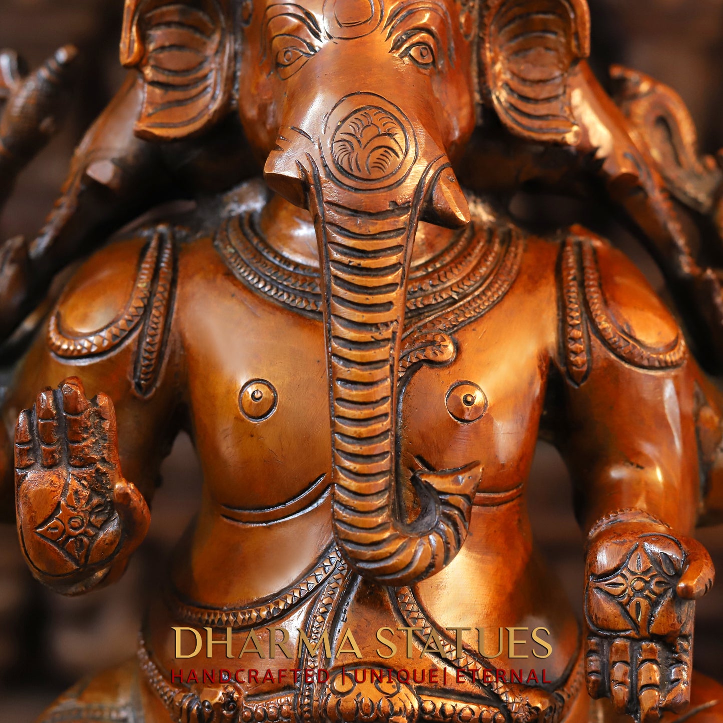 Brass Pushkala Panchmukhi Vinayaka (5 Face Ganesh) Seated on a Lion, Cherry & Copper Blended Finish, 24"