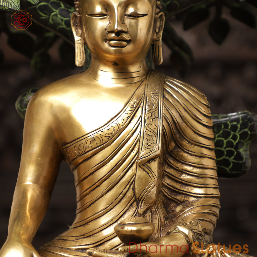 Brass Buddha seated in Bhumisparsha mudra Under a Bodhisattva Tree, Golden & Green Finish, 30"