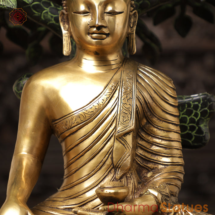 Brass Buddha seated in Bhumisparsha mudra Under a Bodhisattva Tree, Golden & Green Finish, 30"