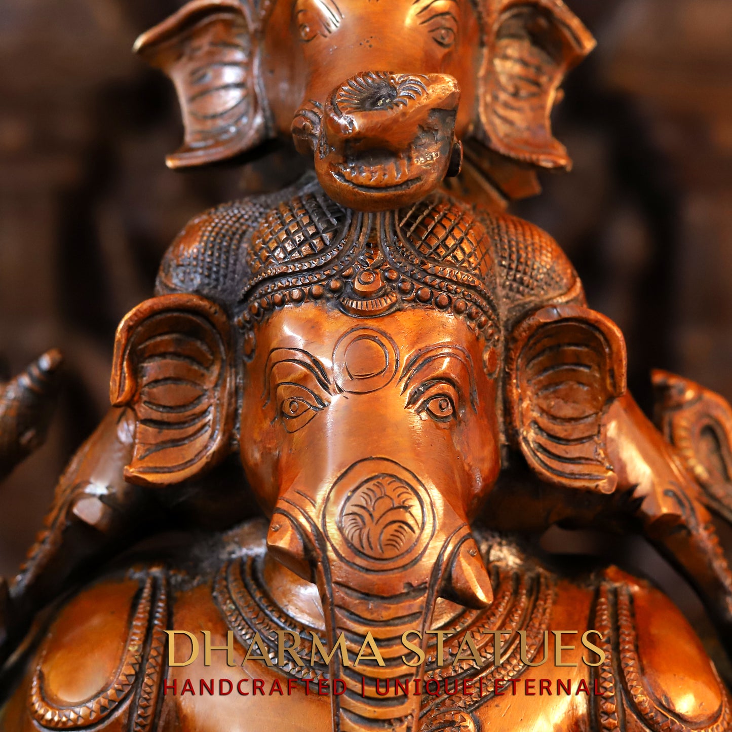 Brass Pushkala Panchmukhi Vinayaka (5 Face Ganesh) Seated on a Lion, Cherry & Copper Blended Finish, 24"