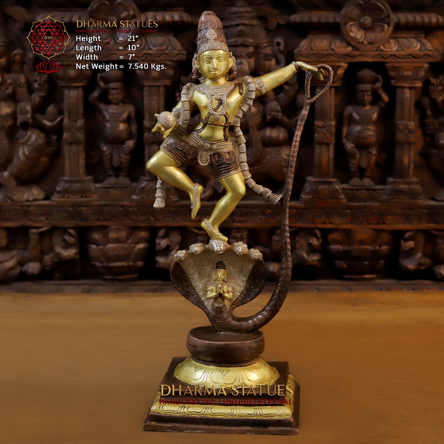 Brass Krishna Dancing on Sheshnag, Copper & Golden Finish, 21"