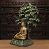 Brass Buddha seated in Bhumisparsha mudra Under a Bodhisattva Tree, Golden & Green Finish, 30"