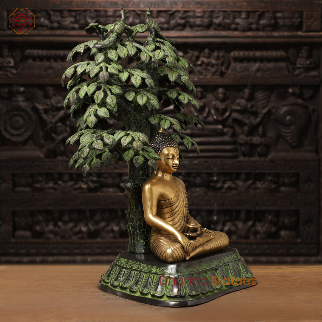 Brass Buddha seated in Bhumisparsha mudra Under a Bodhisattva Tree, Golden & Green Finish, 30"