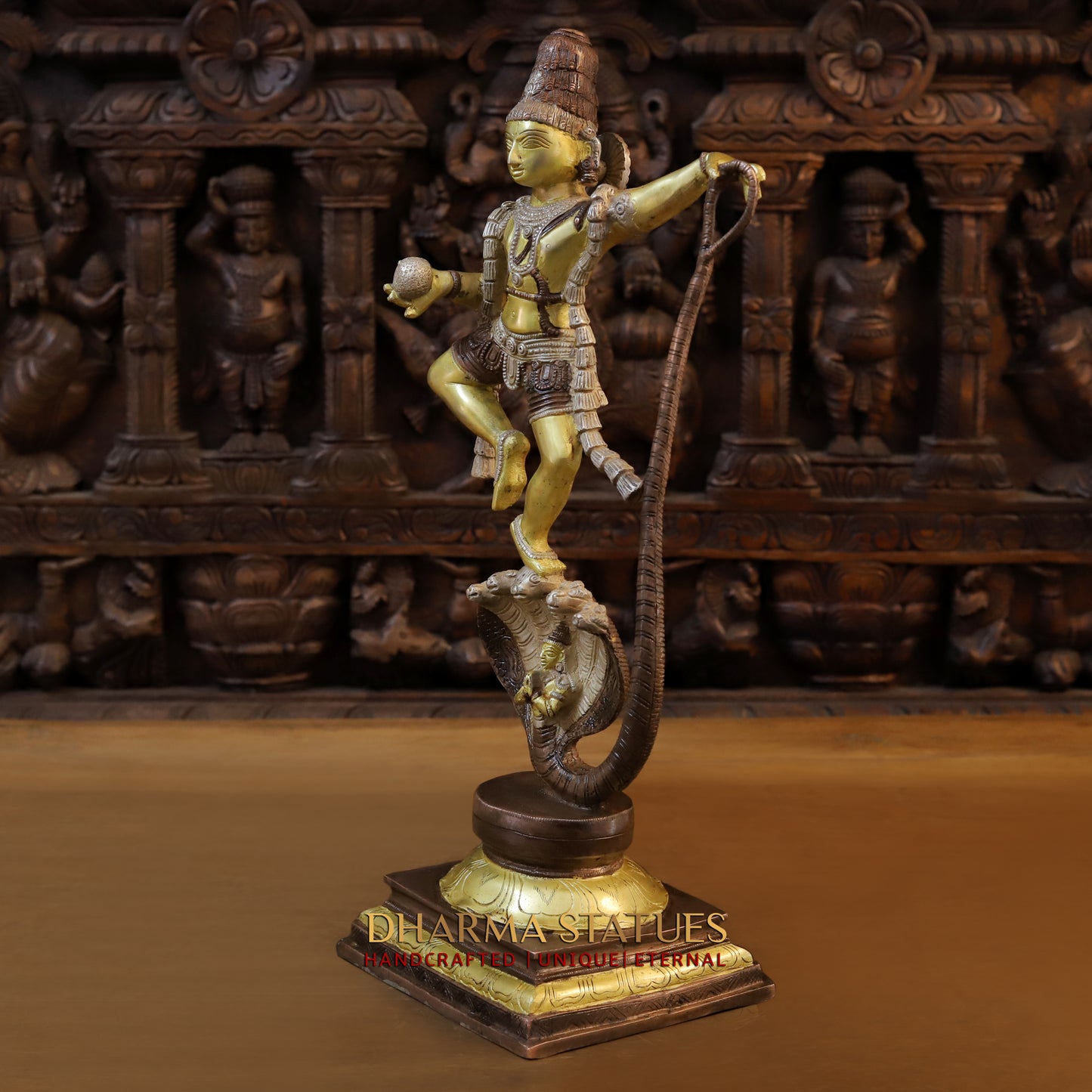 Brass Krishna Dancing on Sheshnag, Copper & Golden Finish, 21"