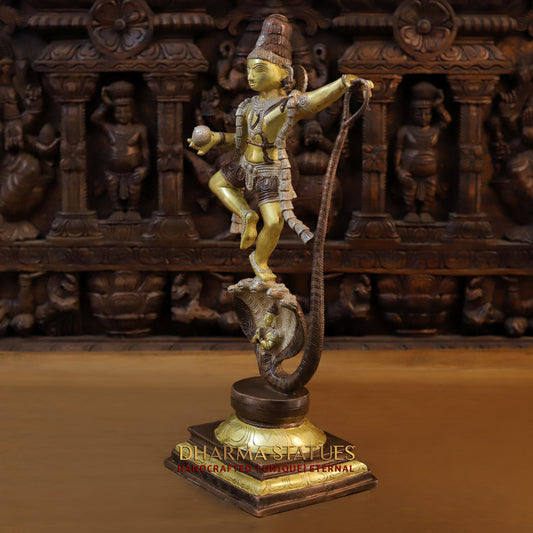 Brass Krishna Dancing on Sheshnag, Copper & Golden Finish, 21"