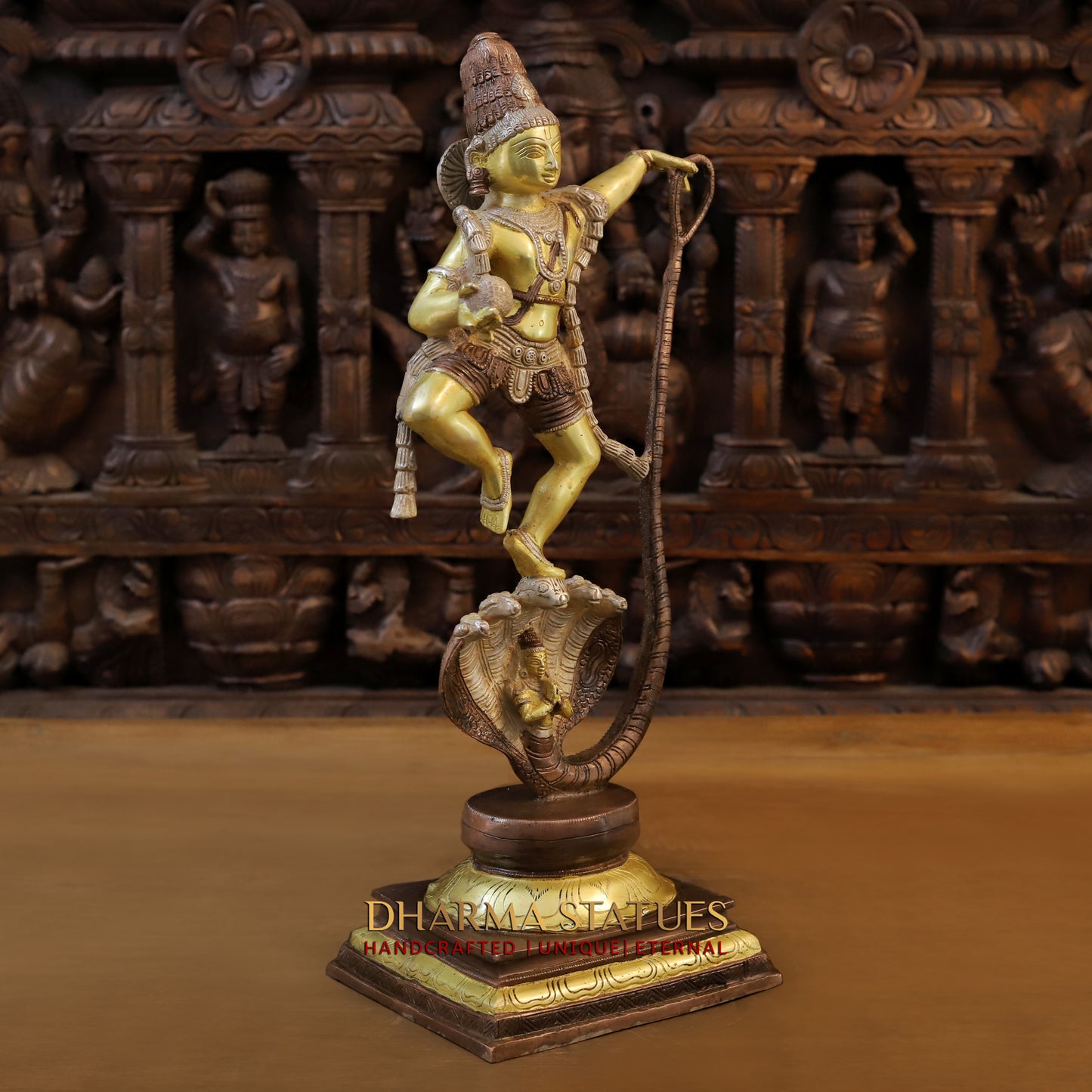 Brass Krishna Dancing on Sheshnag, Copper & Golden Finish, 21"