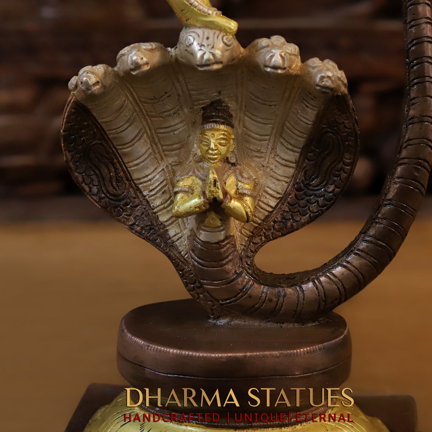 Brass Krishna Dancing on Sheshnag, Copper & Golden Finish, 21"