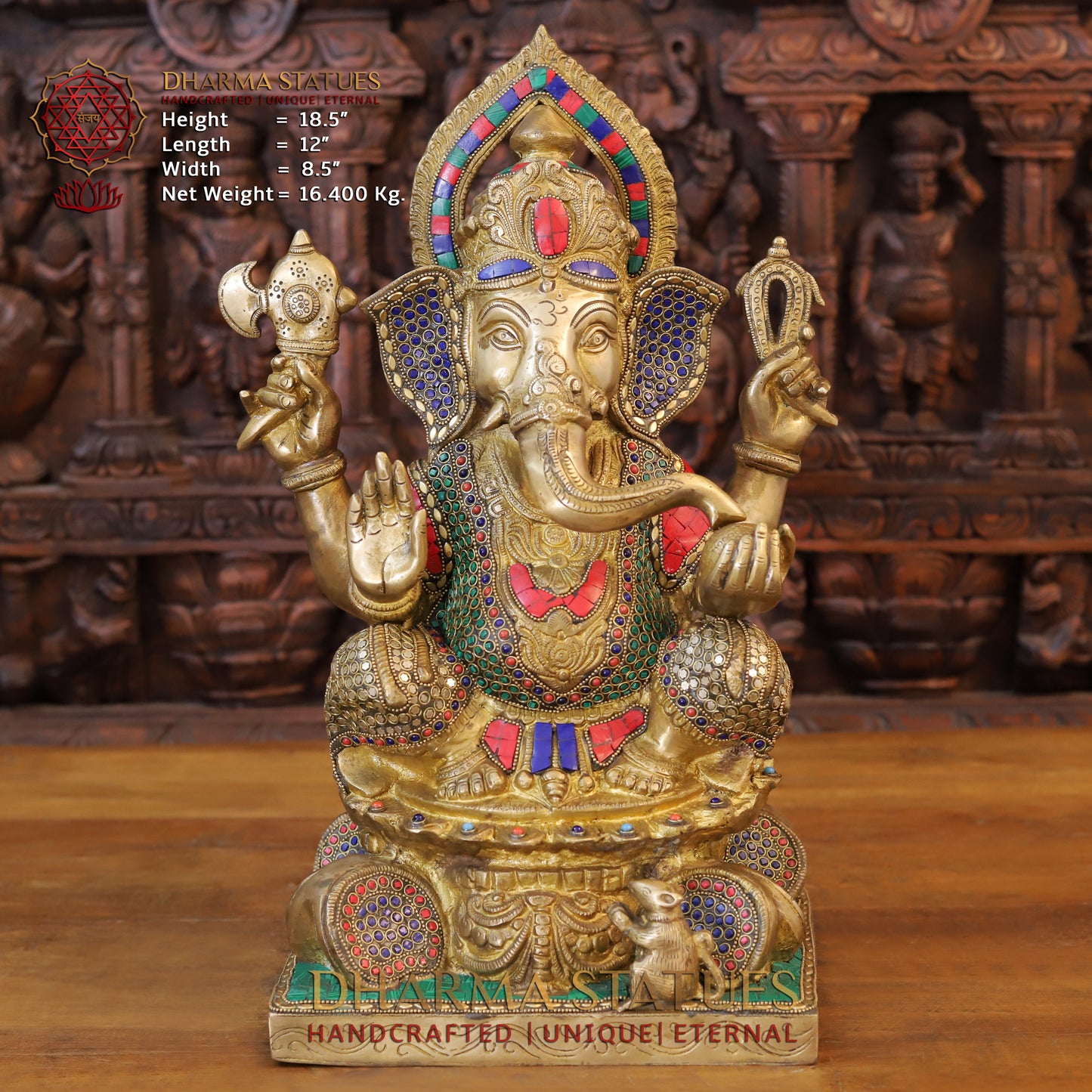 Brass Ganesh seated in Blessing Posture, Golden & Stonework, 18.5"