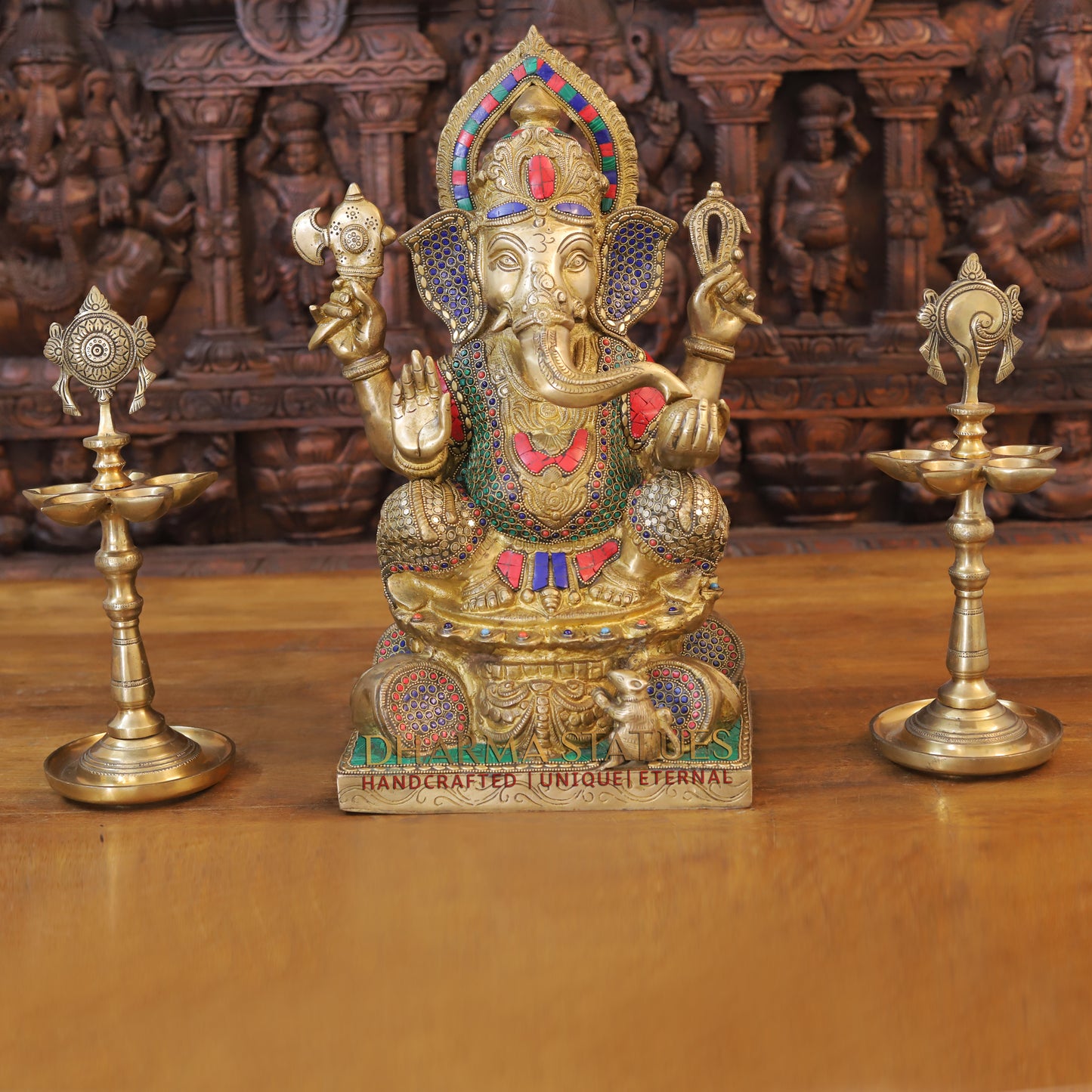 Brass Ganesh seated in Blessing Posture, Golden & Stonework, 18.5"