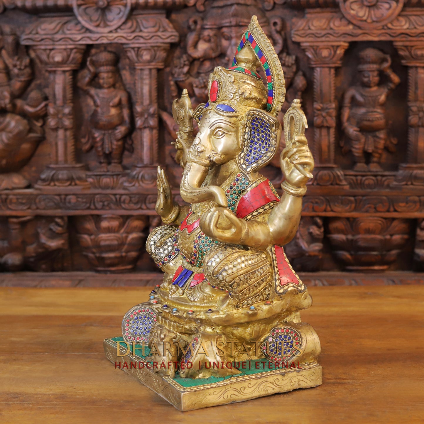 Brass Ganesh seated in Blessing Posture, Golden & Stonework, 18.5"