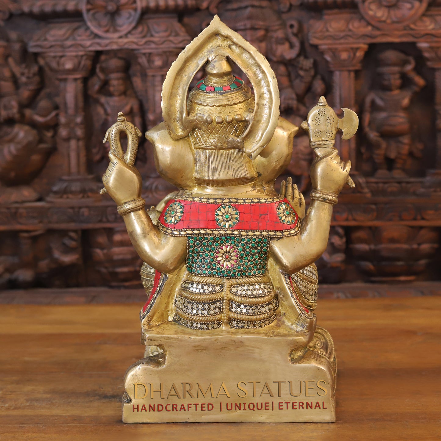Brass Ganesh seated in Blessing Posture, Golden & Stonework, 18.5"