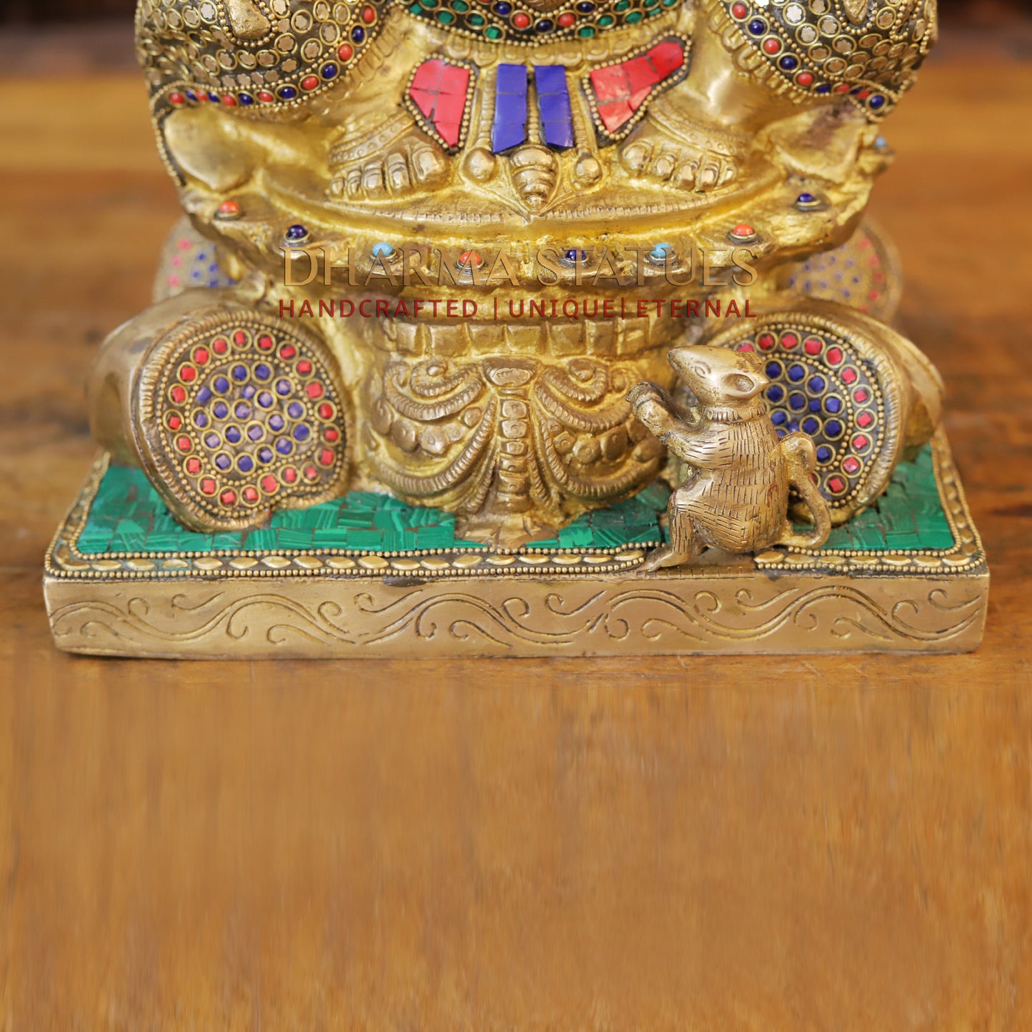 Brass Ganesh seated in Blessing Posture, Golden & Stonework, 18.5"